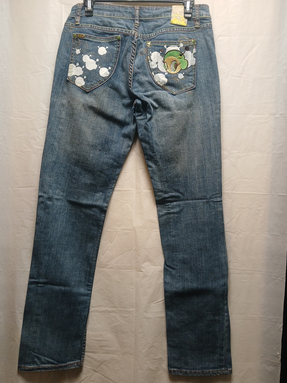 Pepe Jeans Straight Leg Blue Denim with White Paint Splatter & Green Patch